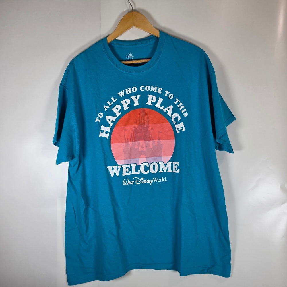 Disney World Happy Place Welcome Castle Graphic T-Shirt Teal Blue XL Cotton